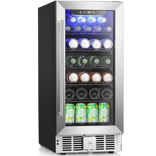 R.W.FLAME 15-Inch 115-Can Beverage Fridge, 2.9 Cu.Ft Cooler with Safety Lock, Low Noise, Transparent Glass Door with Stainless Steel Handle