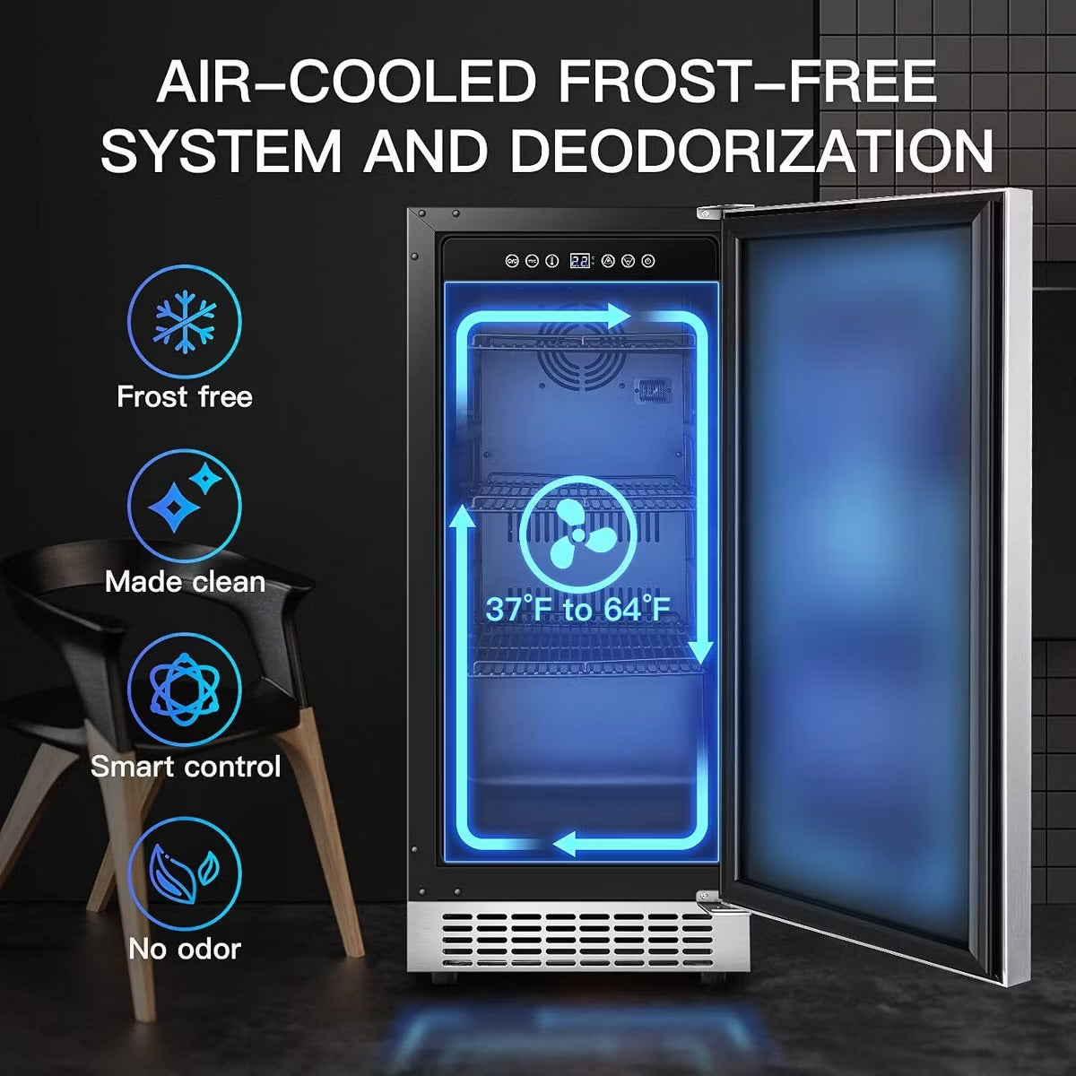 15-inch fridge,100 Cans,304 Stainless Steel Door,LED light,Adjustable shelves,Quiet Compressor,Smart digital control cooler,Automatic defrosting