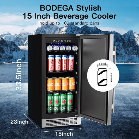 15-inch fridge,100 Cans,304 Stainless Steel Door,LED light,Adjustable shelves,Quiet Compressor,Smart digital control cooler,Automatic defrosting