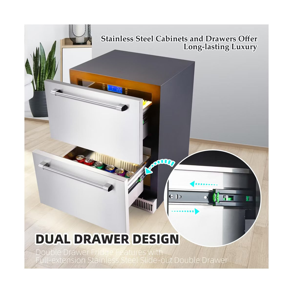 24 Inch Outdoor Drawer Fridge, Counter Double Drawer Beverage Refrigerator