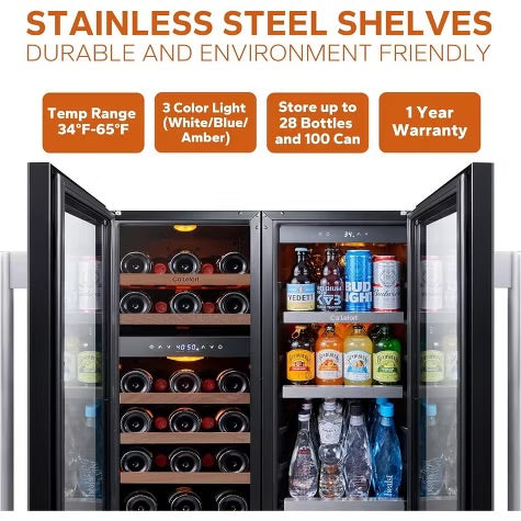 Ca'Lefort 15" Wine and Beverage Fridge Cooler Combo, Hold 80 Cans and 28 Bottles Freestanding & Built-in for Kitchen Office