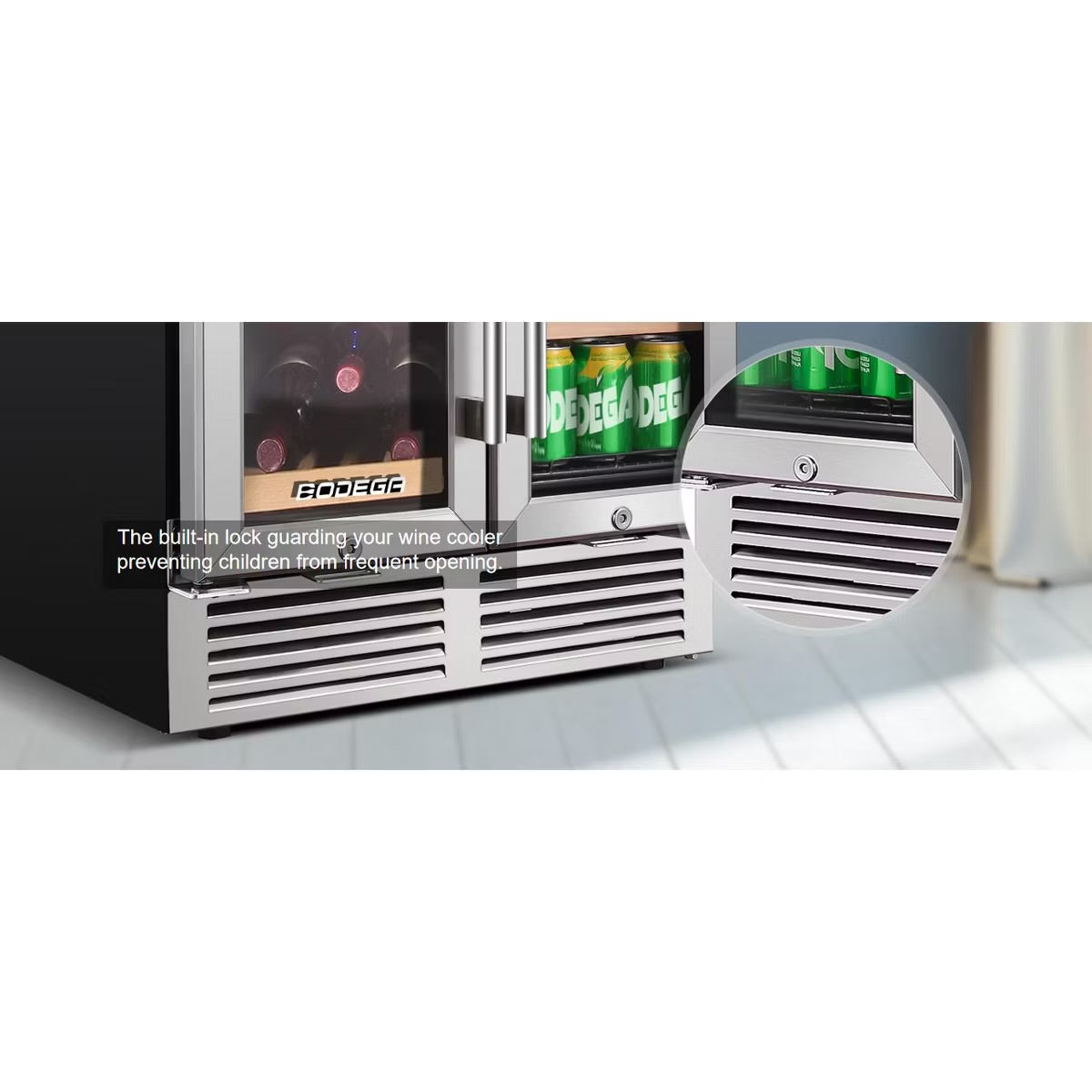 24-inch refrigerator, dual zone cooler, fridge holds 19 bottles and 57 cans,LCD screen control,Fan circulation system,Double glazed glass door