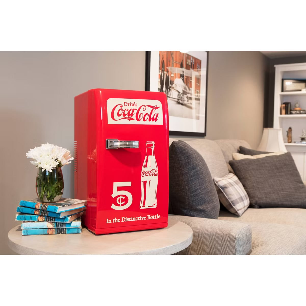 Coca-Cola 18 Can Retro Mini Fridge 12V DC 110V AC Cooler 5.4L: Thermoelectric Beverage Refrigerator, Adjustable Shelf