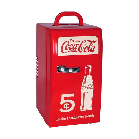 Coca-Cola 18 Can Retro Mini Fridge 12V DC 110V AC Cooler 5.4L: Thermoelectric Beverage Refrigerator, Adjustable Shelf