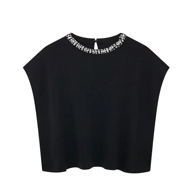 Versatile rhinestone bead solid color knitted top for women