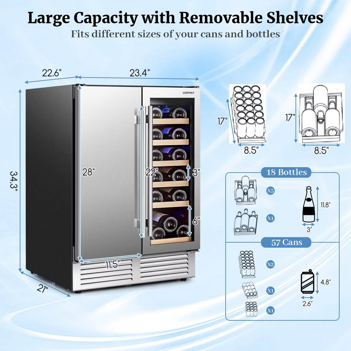 Costway 2-in-1 Beverage and Cooler Free-standing & Built-in Dual Zones Fridge