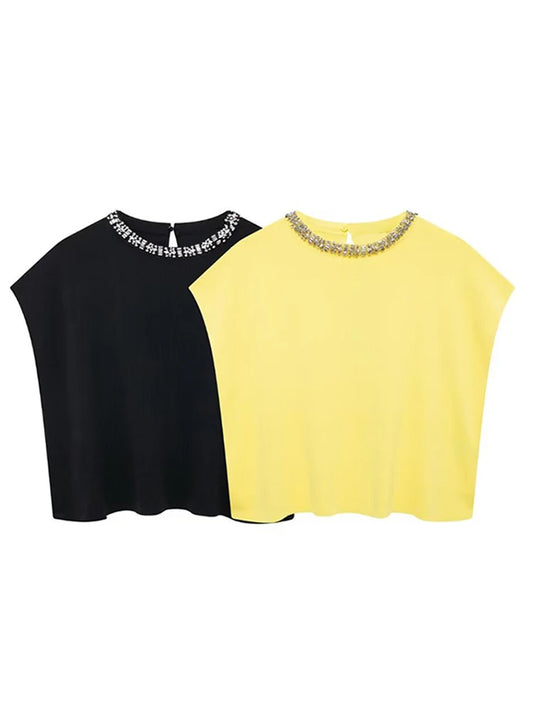 Versatile rhinestone bead solid color knitted top for women
