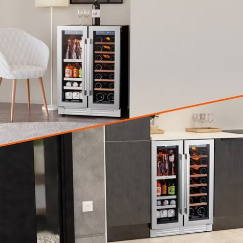 Ca'Lefort 24" dual-zone wine/beverage fridge, holds 60 cans/20 bottles, glass door, 3 LED lights, adjustable shelves, 4.1 cu.ft