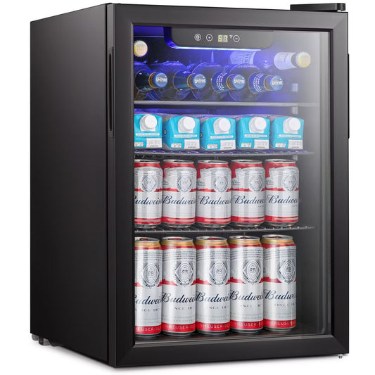 R.W.FLAME 95 Can Beverage Cooler,Compact Fridge for Soda,Clear Glass Door,Quiet Compressor,Adjustable Temperature,Freestanding,2.4 Cu.ft