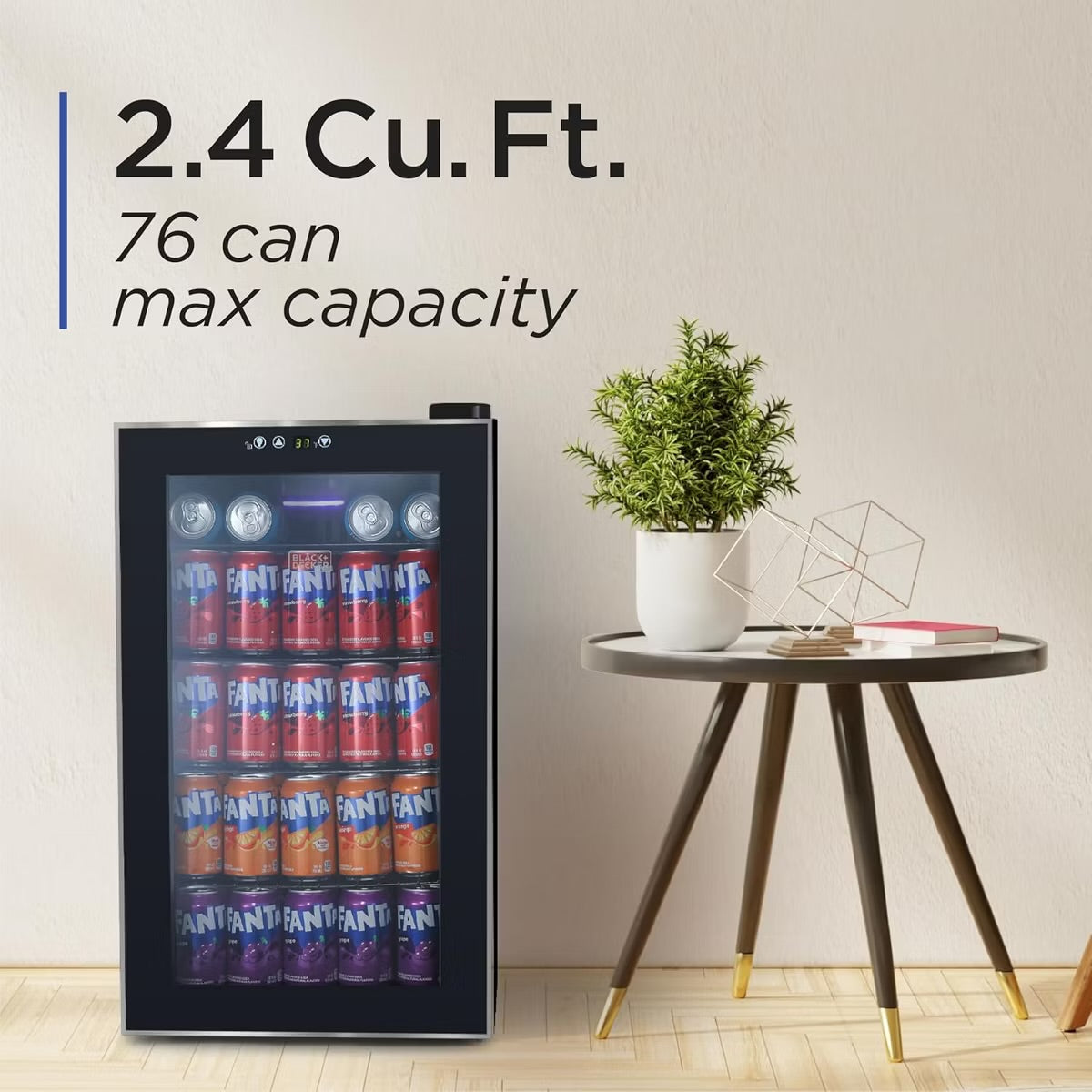 BLACK+DECKER 2.4 Cu. Ft. Beverage Cooler, Beverage Fridge with Double Pane Glass Door, Drink Fridge and Beverage Refrigerator with 76-Can Capacity
