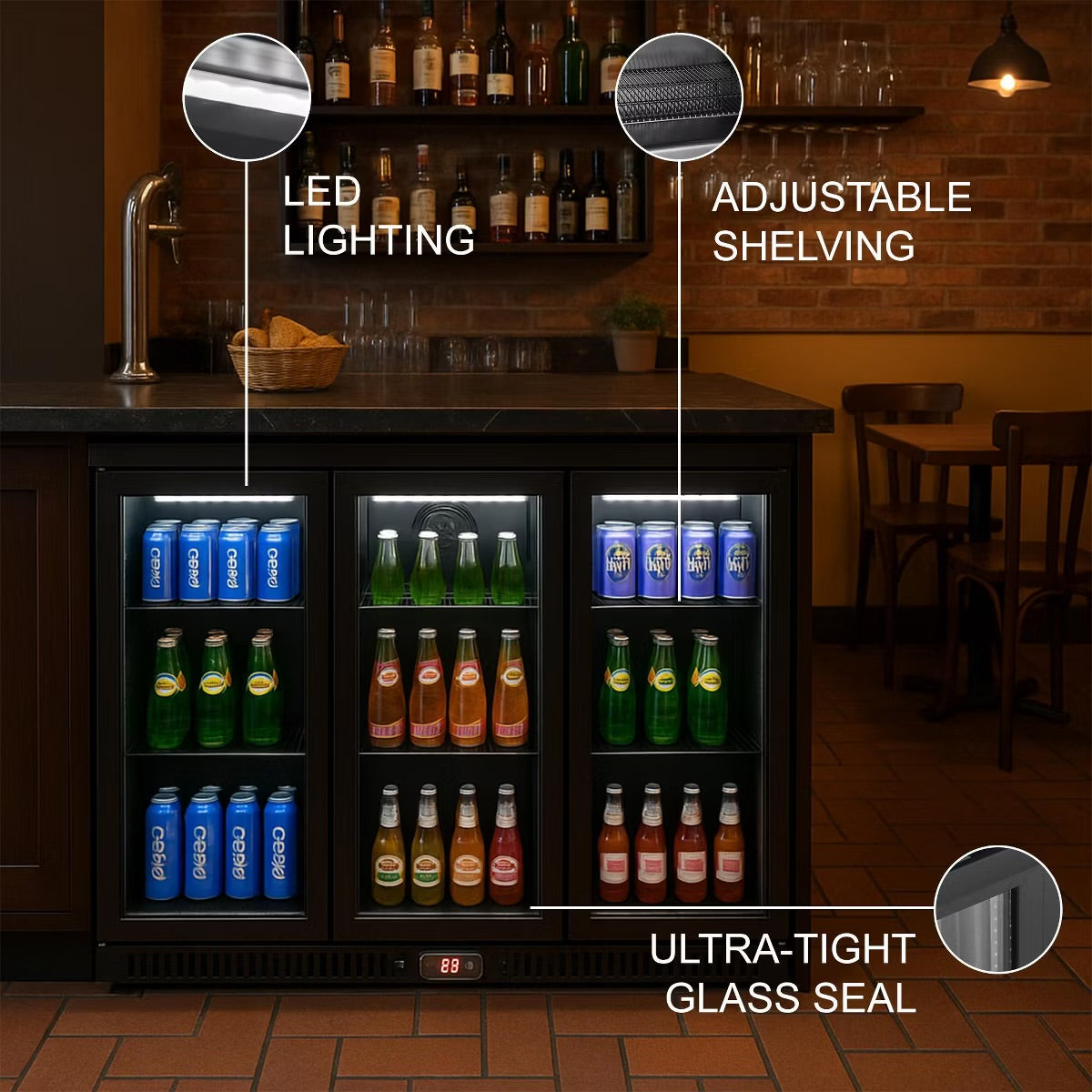 VITLIFE Back Bar Cooler with 3 Glass Doors, Counter-Height Beverage Refrigerator, 11.6 Cu.Ft., Commercial Fridge with LED Lighting & Self-Close Doors