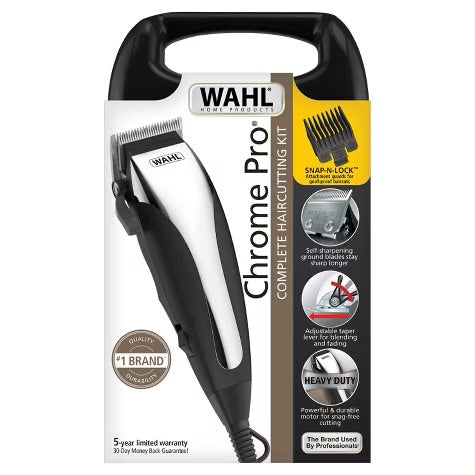 Wahl Chrome Cut Corded Electric Hair Clipper Kit with Self Sharpening Blades and 12 Haircutting Attachment Guards