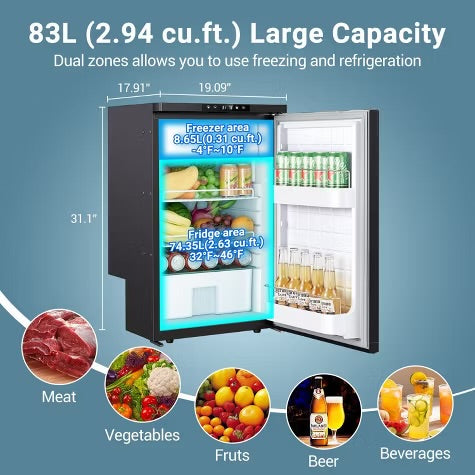 83L RV Refrigerator,Refrigeration range (-4℉-46℉),3 levels((H/M/L)) of battery protection, mini fridge for camping,APP Control, picnics, road trips