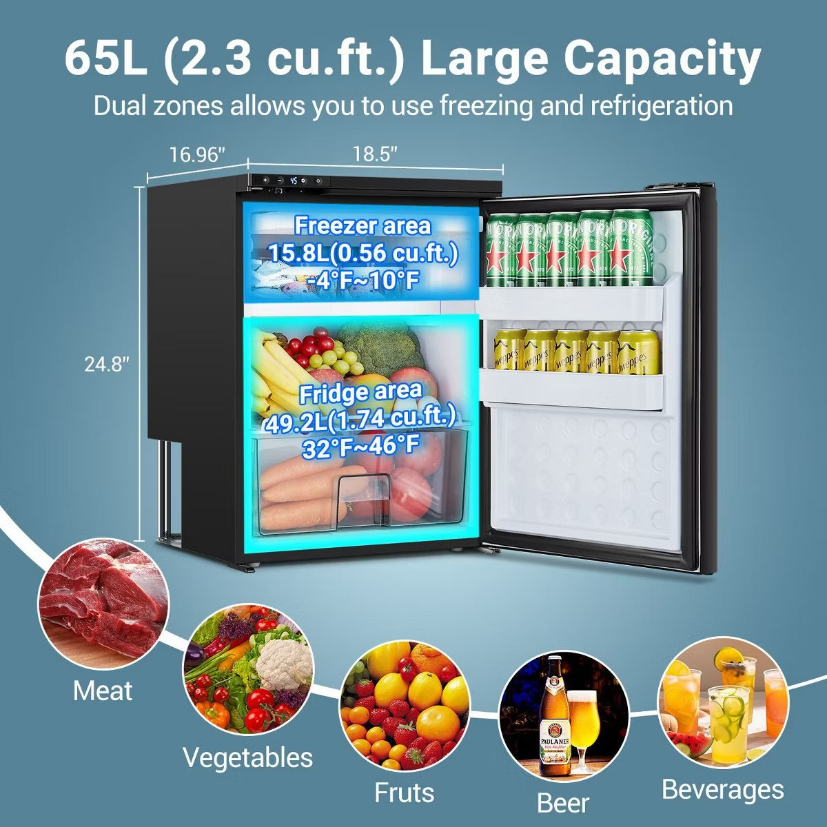 65L RV Refrigerator,APP Control,Refrigeration range (-4℉-46℉),3 levels((H/M/L)) of battery protection, mini fridge for camping, picnics, road trips