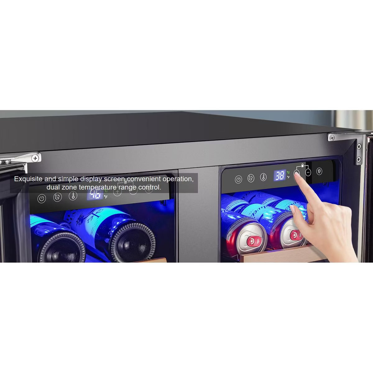 24-inch refrigerator, dual zone cooler, fridge holds 19 bottles and 57 cans,LCD screen control,Fan circulation system,Double glazed glass door