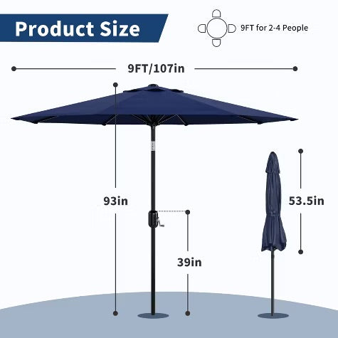 9' Outdoor Patio Umbrella, Outdoor Table Umbrella, Yard Umbrella, Market Umbrella with 8 Sturdy Ribs, Push Button Tilt and Crank
