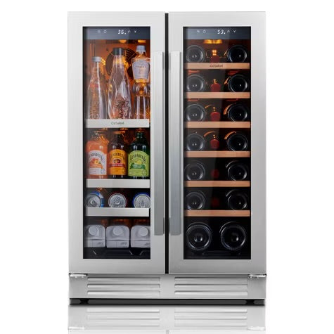 Ca'Lefort 24" dual-zone wine/beverage fridge, holds 60 cans/20 bottles, glass door, 3 LED lights, adjustable shelves, 4.1 cu.ft