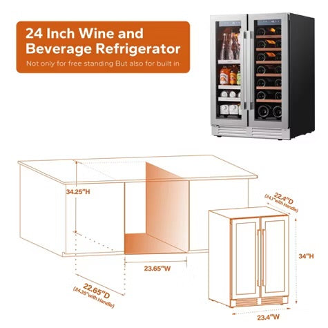 Ca'Lefort 24" dual-zone wine/beverage fridge, holds 60 cans/20 bottles, glass door, 3 LED lights, adjustable shelves, 4.1 cu.ft
