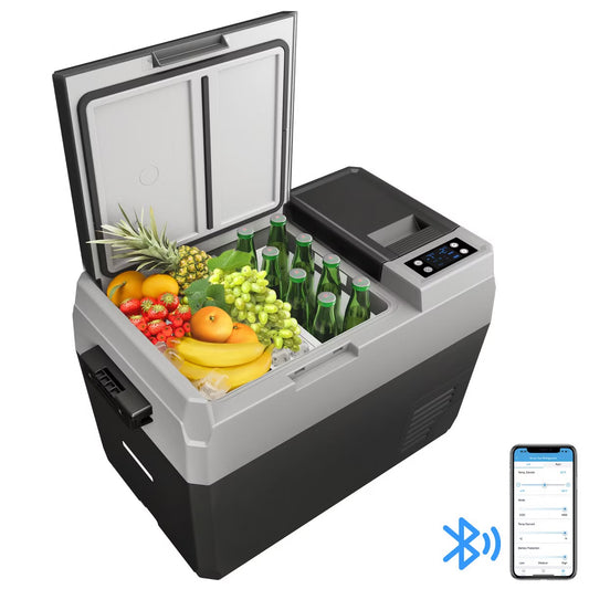 12 Volt Smart Refrigerator for Car 31 QT Portable Electric Cooler with Dual Zone and Wheels Long-Lasting Car Fridge for Travel, Blue