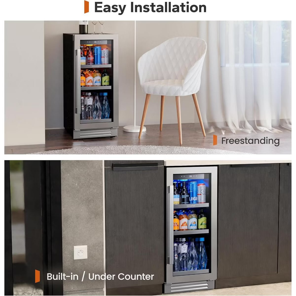 Ca'Lefort Dual 15" Single Zone Beverage Refrigerator Cooler Combo - 30 Inch Beverage Fridge Glass Door Built-in or Freestanding for Home/Kitchen