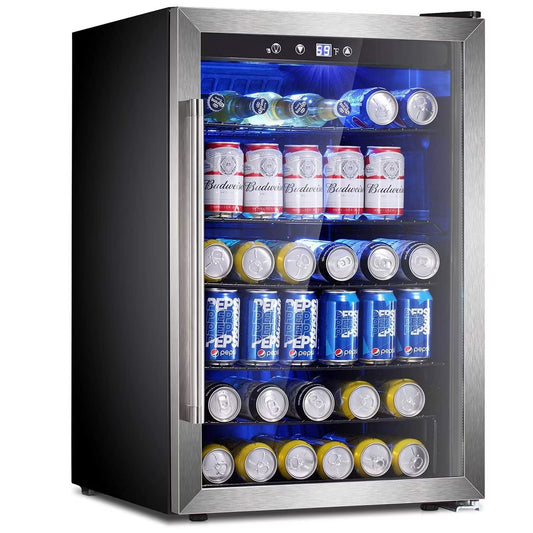 R.W.FLAME 4.5 Cu.Ft Beverage Fridge, 145-Can Mini Cooler with Glass Door for Soft Drinks, Freestanding with Adjustable Shelving