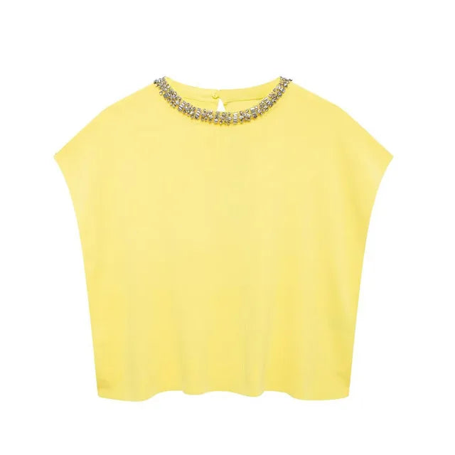 Versatile rhinestone bead solid color knitted top for women