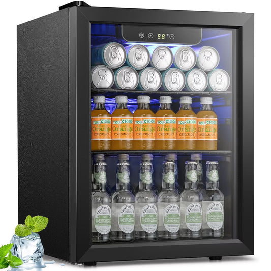 R.W.FLAME 1.7 Cu.Ft Beverage Cooler,16 Bottles/68 Cans,Mini Fridge with Glass Door, Adjustable Shelves, Digital Control,LED Light,Reversible Door