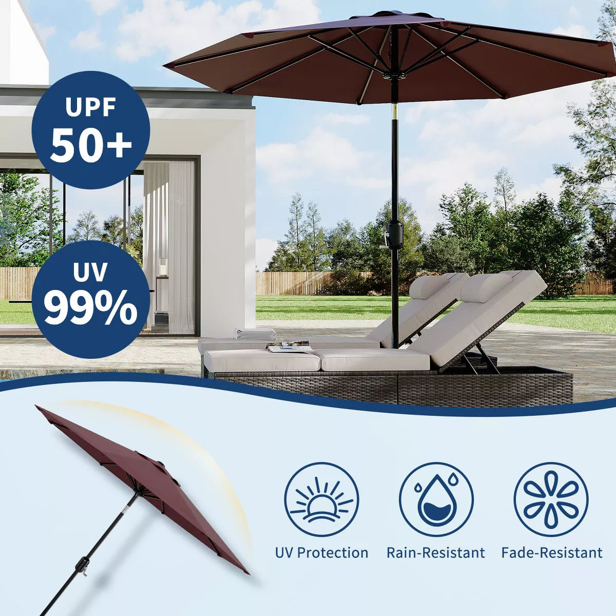 9' Outdoor Patio Umbrella, Outdoor Table Umbrella, Yard Umbrella, Market Umbrella with 8 Sturdy Ribs, Push Button Tilt and Crank