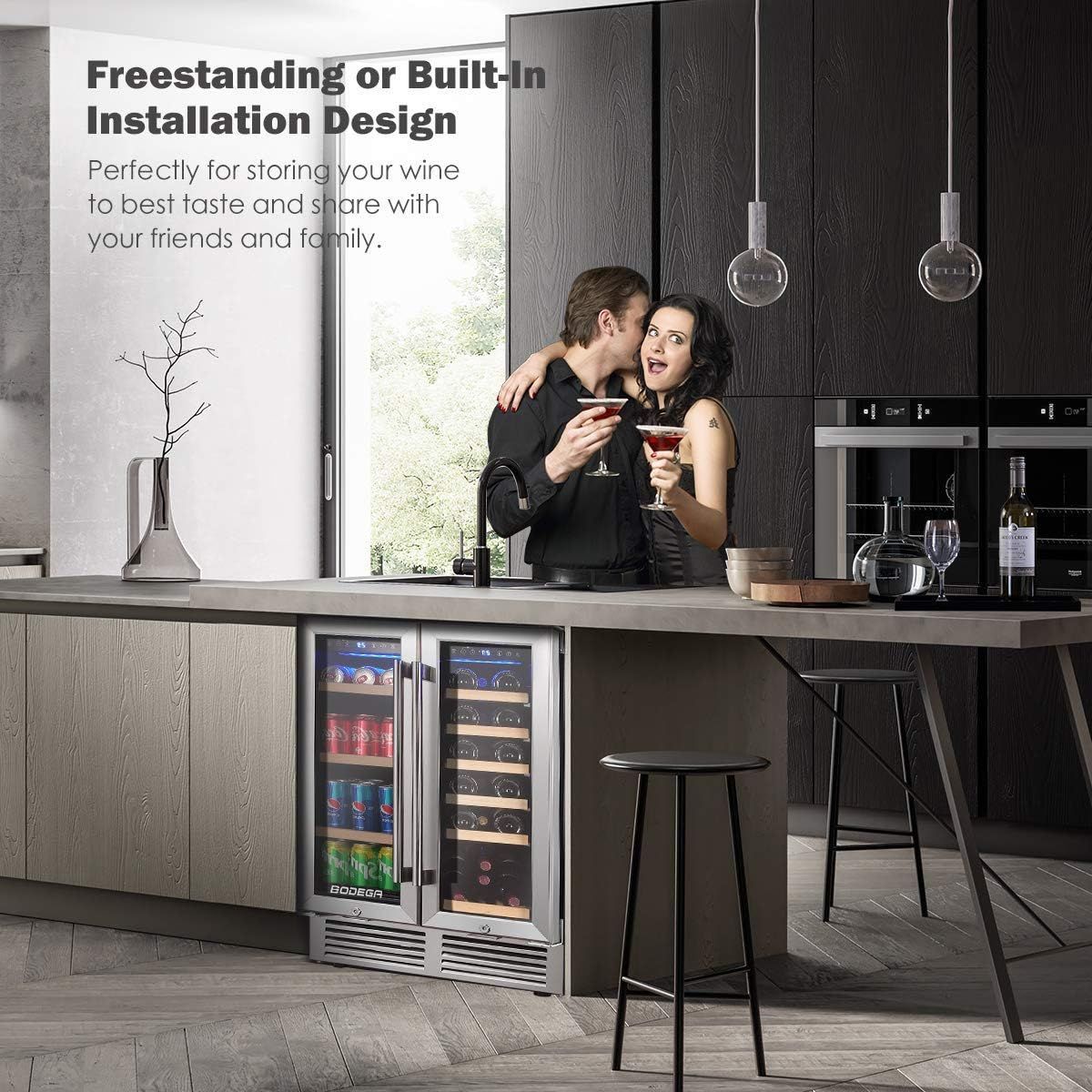 24-inch refrigerator, dual zone cooler, fridge holds 19 bottles and 57 cans,LCD screen control,Fan circulation system,Double glazed glass door