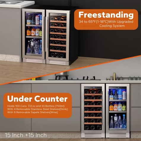 Ca'Lefort 15" Wine Fridge and 15" Beverage Fridge Combo, Hold 80 Cans and 33 Bottles Wine Cooler Freestanding & Built-in