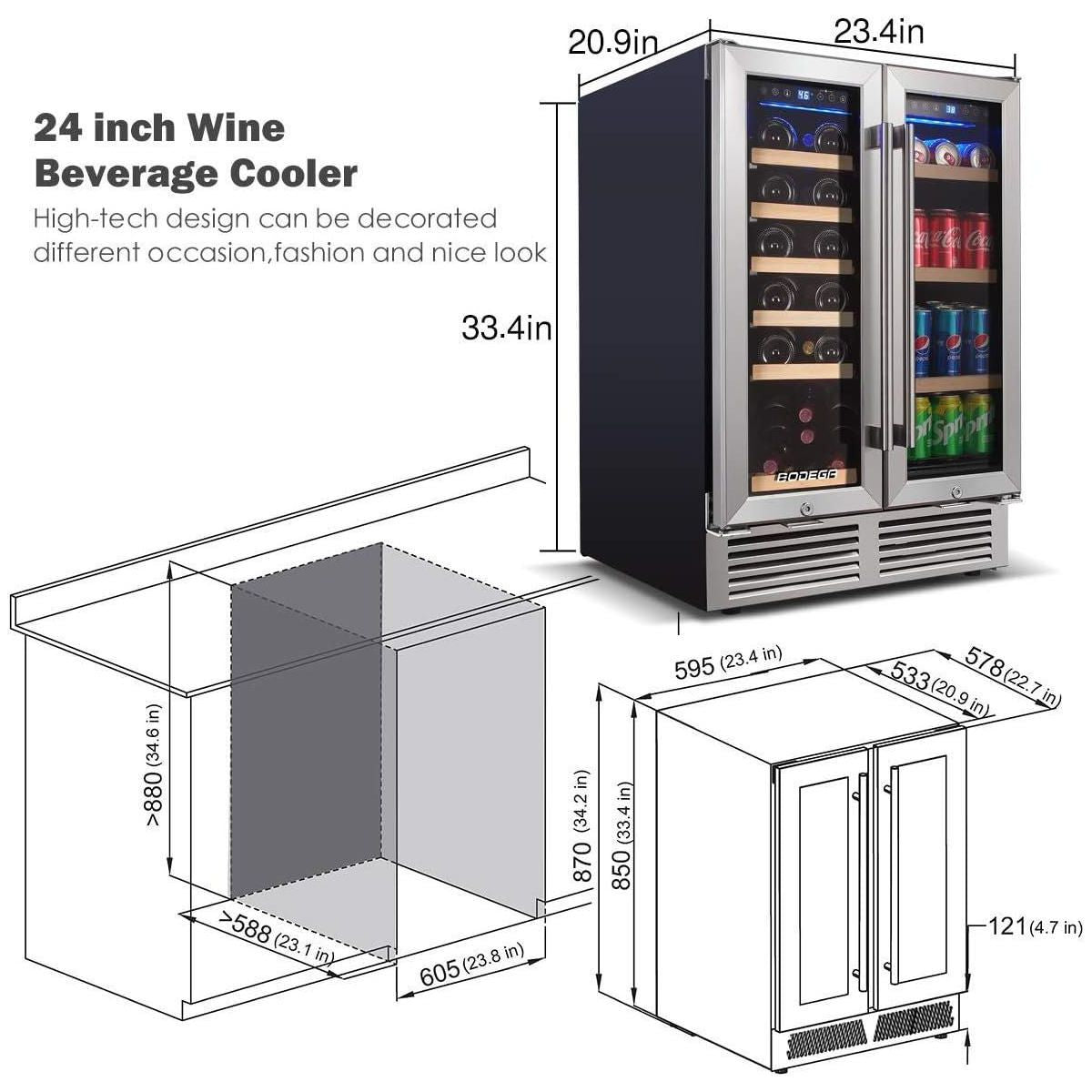 24-inch refrigerator, dual zone cooler, fridge holds 19 bottles and 57 cans,LCD screen control,Fan circulation system,Double glazed glass door