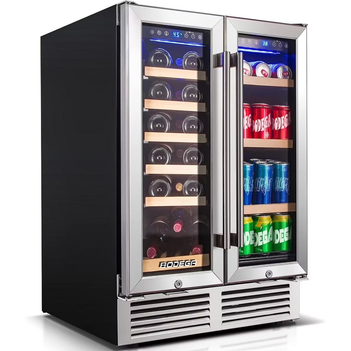 24-inch refrigerator, dual zone cooler, fridge holds 19 bottles and 57 cans,LCD screen control,Fan circulation system,Double glazed glass door