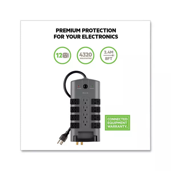 Belkin Pivot Plug Surge Protector, 12 AC Outlets, 8 ft Cord, 4,320 J, Gray